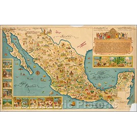 Historic Map - Mapa Ilustrado de la Republica Mexicana Publicado Por Margaret M. Crane Eugenio Fischgrund/Pictorial Map of Mexico, 1930, Miguel Gómez Medina - Vintage Wall Art 44in x 28in