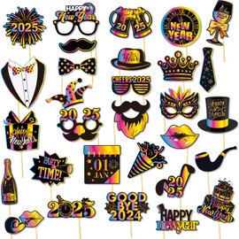 2025 New Year Photo Booth Props 30 Pcs Laser Colorful Funny New Years Party Decoration Photo Props for New Years Eve Party Supplies NYE Party Favors