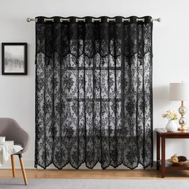 Warm Home Designs Semi Sheer 102" x 84" Lace Black Curtains for Patio Doors with Attached Valance & Tassels. Patio Door Curtain for Sliding Door or Extra Wide Curtain Panels. L Black Patio 84”