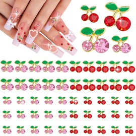 Hebterrka Pack of 50 3D Cherry Nail Charms, Pink + Red Shiny Fruit Luxury Gemstones for Nail Design, Nail Art Set