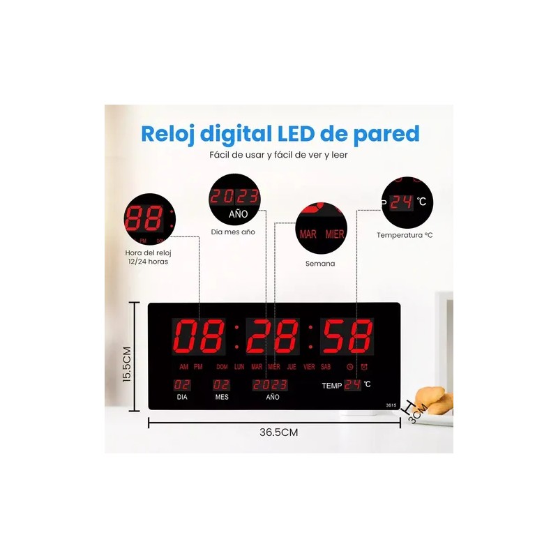 Reloj De Pared Digital Con Termómetro, Alarma Y Calendario