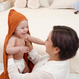 david's kids 2 Pack Hooded Baby Towels, 100% Muslin Cotton Baby Bath Towels, Ultra Soft Breathable Absorbent Towels for Infant Toddler and Kids, Newborn Essentials, Large 32x32Inch, Beige & Brown