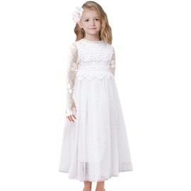 2Bunnies Girl Boho Bohemian Rustic Communion Crochet Lace A-Line Tulle Flower Girl Dress (White Long Sleeve Maxi, 9-10 Years)