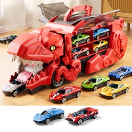 Dinosaur Ultimate Hauler Track Toy for Boys, Transforms into Stomping Dinosaur with Race Track Ultimate Transporter Hauler Toddler Toys (Red)