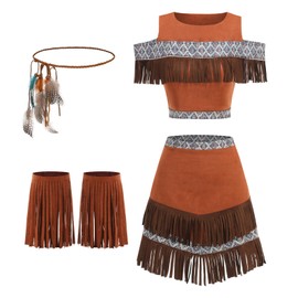 yolsun Maiden Indian Costume Women 4 PCS Native American Inspired Fringe Dress Costume Set Adult with Feather Headband (Brown, Large)