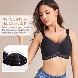 V Neck Lace No Show Wireless Bra Full Coverage Supportive Bra Comfortable Seamless T Shirt Bras for Women Black M