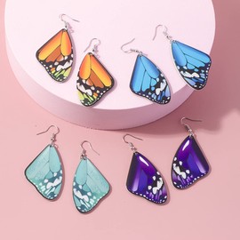 Cute Colorful Butterfly Wing Dangle Earring Boho Arylic Animals Shape Teal Purple Monarch for Women- Blue