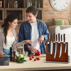 Kirumie 2 in 1 Wood Magnetic Knife Block with Cutting Board Rack&Sharpener, Acacia Wood Kitchen Knife Holder Stand, Double Side Strong Magnetic Knife Holder Stand for Kitchen Counter Storags