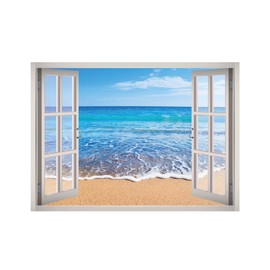 Island Beach View Window 3D Wall Decal Art Removable Wallpaper Mural Sticker Vinyl Home Decor West Mountain™ W07 (Medium (32''W x 23''H))