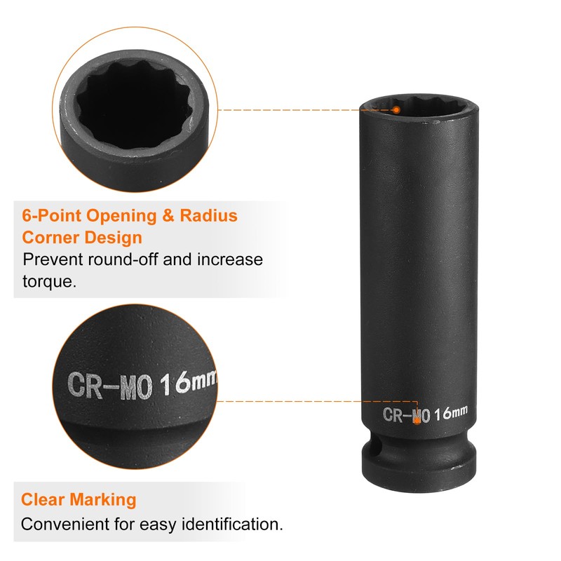 HARFINGTON 2Pcs 12-Point Deep Impact Socket 1/2 Inch Drive 16mm