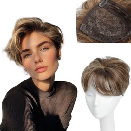 Short Hair Toppers for Women with Thinning Hair Brown Highlight Hair Topper with Bangs Clip In Toppers Hair Pieces for Women Wiglets Hairpieces Coverage Top Crown