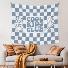 XLDLIOO Cool Kids Club Blue Wall Tapestry, Blue and White Checkered Wall Tapestry Hanging for Bedroom, Kids Tapestries Decor Art for Boy Toddler Room Nursery Classroom Playroom, 50x60in