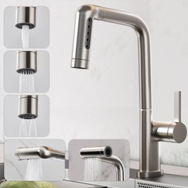 Danpoo Brushed Nickel Kitchen Faucet with Pull Down Sprayer – 5 Spray Modes (Stream/Spray/Mist) – 360° Swivel Spout – High Arc Single Handle Kitchen Faucet