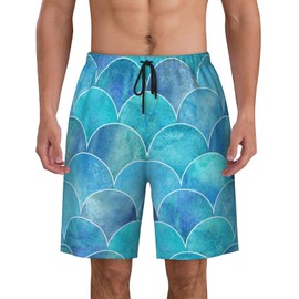 Mens Swim Trunks with Mesh Lining,Fish Scale Ocean Mermaid Wave 9 Inch Quick Dry Board Shorts Bathing Suit Swimsuit Beach Pants Swimwear 2XL