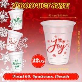 Sliner 60 Pcs Christmas Cups Bulk 12 oz Disposable Plastic Xmas Cups Clear Drinking Beverage Cups for Winter Holiday Indoor Outdoor Christmas Decoration Party Supplies, 4 Styles (Joy and Believe)