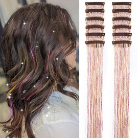 Hair Tinsel Pack of 12 Pcs Clip in Hair Tinsel 19 Inch Glitter Tinsel Hair Extensions, Festival Gift Tinsel Fairy Hair Extension Party Dazzle Hair Accessories Strands Kit (12Pcs,Gold Pink#)