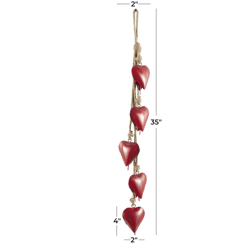 Deco 79 Red Metal Decorative Hearts with Jute Hanging Rope,
