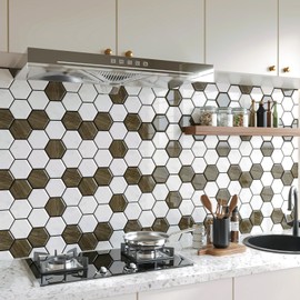 CHIHUT 16 Sheets Backsplash Tile Peel and Stick Shower Tile Waterproof Hexagon Stick on Backsplash Tiles for Kitchen Removable Adhesive Tiles 12''x12'' Vinyl Kitchen Backsplash Tiles for Bathroom