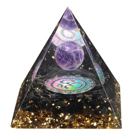 KYEYGWO Positive Energy Pyramid Stone with Reiki Healing Amethyst Crystal Ball and Reiki Symbol, Chakra Crystal Pyramid Obsidian Healing Stone Pyramid Desktop Ornament Home Decoration