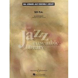 Six P. M.: alto saxophone, tenor saxophone, baritone saxophone, trumpet, trombone, guitar, piano, double bass, percussion, congas drums, vibraphone, flute optional. Partition.