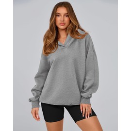 BTFBM Women's Oversized Hoodies Casual Fleece Long Sleeve V Neck Sweatshirts 2025 Trendy Fall Outfits Winter Clothes(Grey, Medium)