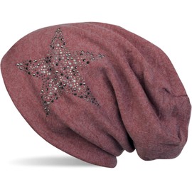 styleBREAKER 04024087 Women's Beanie Hat with Rhinestones Studs Star and Gemstones Silver Anthracite - Beanie Bordeaux red mottled