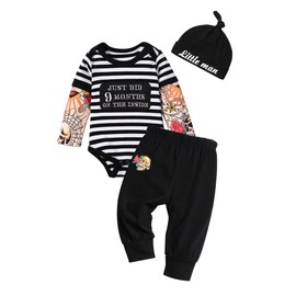 Preemie Clothes Boys Summer Outfit Cute Fake Tattoo Sleeve Striped Romper + Cotton Pants + Hat 3PCS Infant Boy Clothing Set