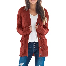 Ninfort Cardigan Sweaters for Women Long Sleeve Open Front Button Cable Knit Pockets Cardigans Rust