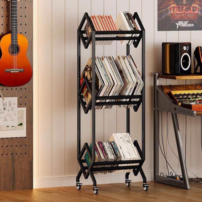3 Tier Vinyl Record Storage Rack, Mobile Black Metal LP