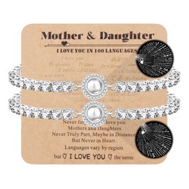 Uloveido Mom Daughter Bracelets 100 Languages I Love You Projection Tennis Bracelets Adjustable Bolo Clasp Bracelet for Mother Daughter YA4750, Metal, Cubic Zirconia