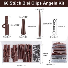 Realure 60 Piece Carp Accessory Set Complete Professional with Safety Clips Anti Tangle Sleeves Tail Rubber Tubes Quick Change Swivel Clips for Carp Fishing Lead Clip for Carp Beginners (Brown)