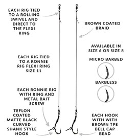 Carp On - 2 x SPINNER READY RIGS Size 8 - Carbon Hooks / 25lb Braid/Swivel & Flexi Ring/Bait Screw & Bell Cap Bead (Barbless, 2 Rigs - Size 8 Hook) [37-3907-8]
