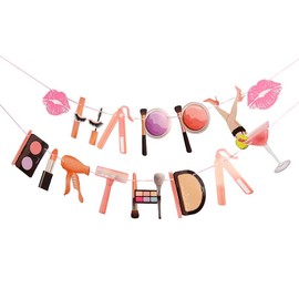 EVECILOO Makeup Birthday Banner, Spa Themed Party Decorations, Lipstick Banner, Girls Makeup Party DIY Decorations