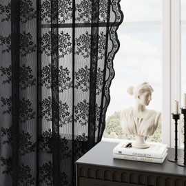 Hokibero Black Lace Curtains 96 Inches Long 2 Panels Set Rod Pocket Floral Pattern Sheer Curtains Light Filtering Scalloped Edges Drapes for Dinning Room Bedroom 52x96