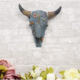 Ebros 13" Wide Western Southwest Steer Bison Buffalo Bull Cow Horned Skull Head In Cowboy Blue Denim Jeans Design Wall Mount Decor Native Indian Sacred Animal Totem Bust Skulls