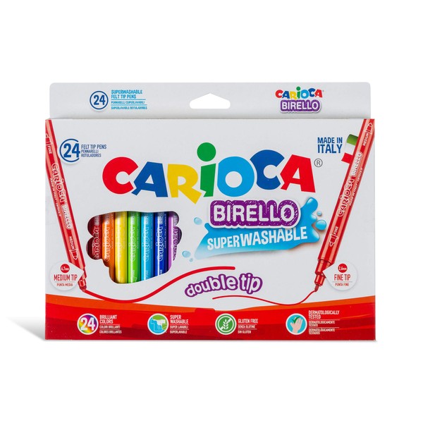 Carioca Birello Coloured Marker Pens for Children, Double Tip, Fine and Medium, Super Washable, Non-Toxic Ink, Assorted Colors, 24 Pieces