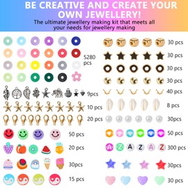 FS Pro 6075 Pcs Clay Beads for Bracelet Making for Girls, 24 Colors Flat Round Polymer Clay Beads Spacer Heishi Beads with Alphabet Pendant Charms Kit and Elastic Strings for Jewellery Making Kit Bracelets Necklace