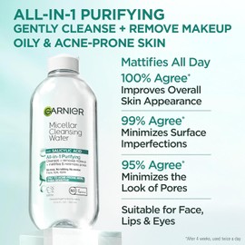 Garnier Micellar Water All-in-One Mattifying Facial Cleanser and Makeup Remover with Salicylic Acid for Oily, Acne-Prone Skin 13.5 Fl Oz Unscented / 살리실산이 함유된 가르니에 미셀라 워터 올인원 매트라이징 페이셜 클렌저 및 메이크업 리무버로 지성 여드름성 피부를 위한 제품 13.5 Fl Oz Unscented