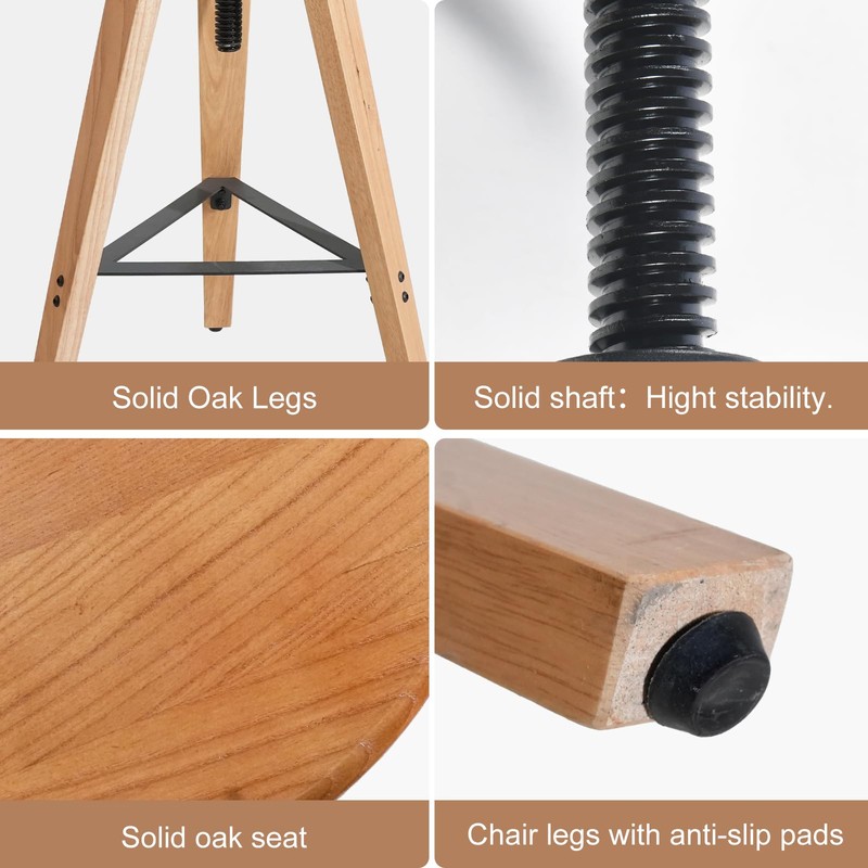 LOKKHAN Adjustable Height Swivel Bar Stool - Industrial Rustic Style,