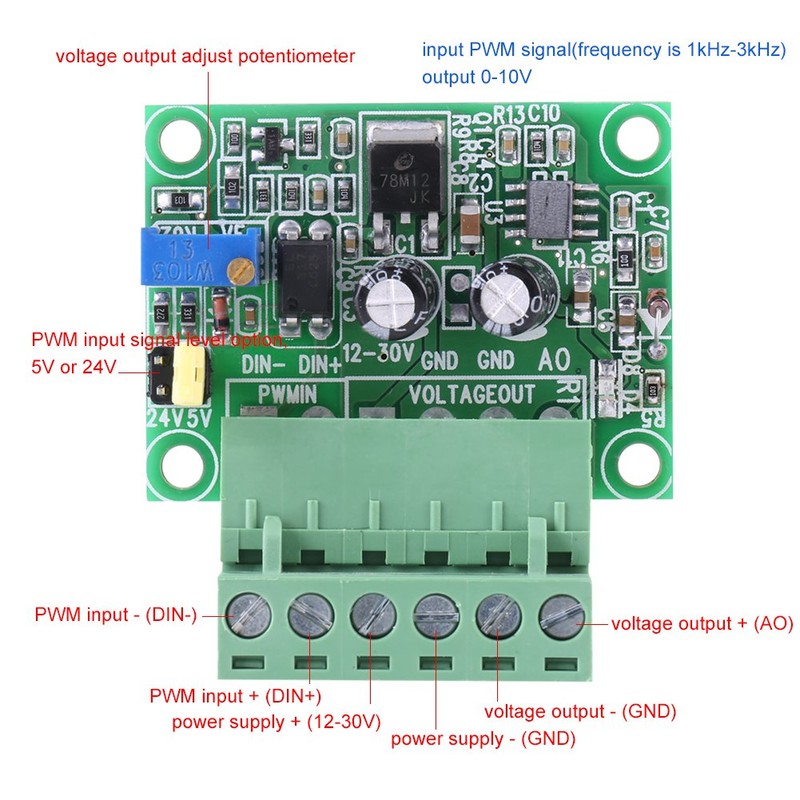 1-3KHZ 0-10V PWM-to- Voltage Module, Signal Digital Voltage Converter, PWM