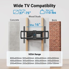 PERLESMITH Long Arm TV Wall Mount Full Motion for 37-75 inch TVs, Corner TV Mount Bracket with 27.36-inch Articulating Long Extension Arm, Swivel&Tilt, Max VESA 600x400mm up to 110lbs, 16" Wood Stud