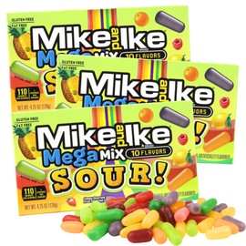 Mike and Ike Mega Mix Sour, Assorted Chewy Candies, Movie Night Snacks, 10 Fruit Flavors, 4.25 Ounces (Pack of 3)