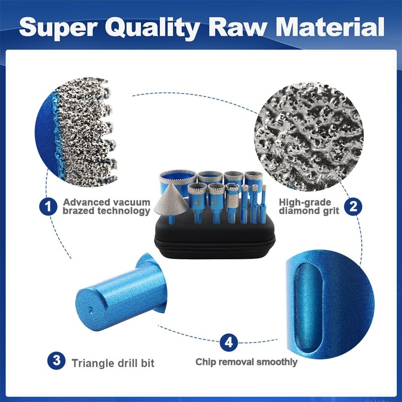 Tile Hole Saw Kit Diamond- BRSCHNITT 11pcs Diamond Core Drill