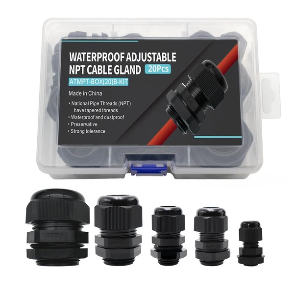 AIRTAK 20-Piece IP68 Waterproof Cable Gland Kit - Nylon NPT