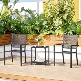 Yaheetech Outdoor Dining Chairs Set of 2, Modern Steel Bistro Chairs with Slatted Seat and Hollow Geometric Pattern-Dotted Back for Garden, Lawn, Porch, Backyard, Pool