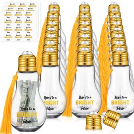 Tioncy 108 Pcs/36 Sets 2025 Graduation Party Favor for Guest Plastic Light Bulb Jars Set Graduation Candy Jar Money Holder Bulk with Stickers Tassels Crafts Grad Bulb Container(Gold)