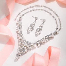 EVER FAITH Women's Crystal Simulated Pear Y Shaped Floral Vine Necklace Earrings Set Clear Silver Tone, Pearl Crystal Pearl, simulated