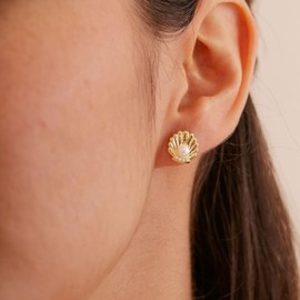 DCNCLADY Seashell Earrings - 14K Gold Plated Small Shell Pearl Earrings for Women | Hypoallergenic Gold Studs Earrings
