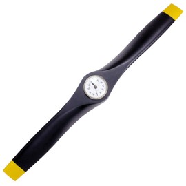 XOAR 26 Inch Black Wood Airplane Propeller Clock for Aviation Art Desk/Wall Home Decor with Picture Hanger and Display Stand - Matte Black with Yellow Tips