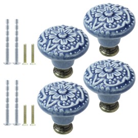 suiwotin 4pcs Greyish Blue Ceramic Knobs, Vintage Kitchen Cabinet Knobs Pulls, Retro Ceramic Dresser Knobs, Decorative Drawer Pull Knob Handles for Closet, Cupboard, Furniture Door Knobs